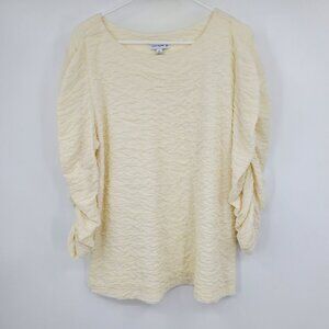 Susan Graver Women's White Crinkly‎ 3/4 Gathered Sleeve Formal Shirt Top Size XL